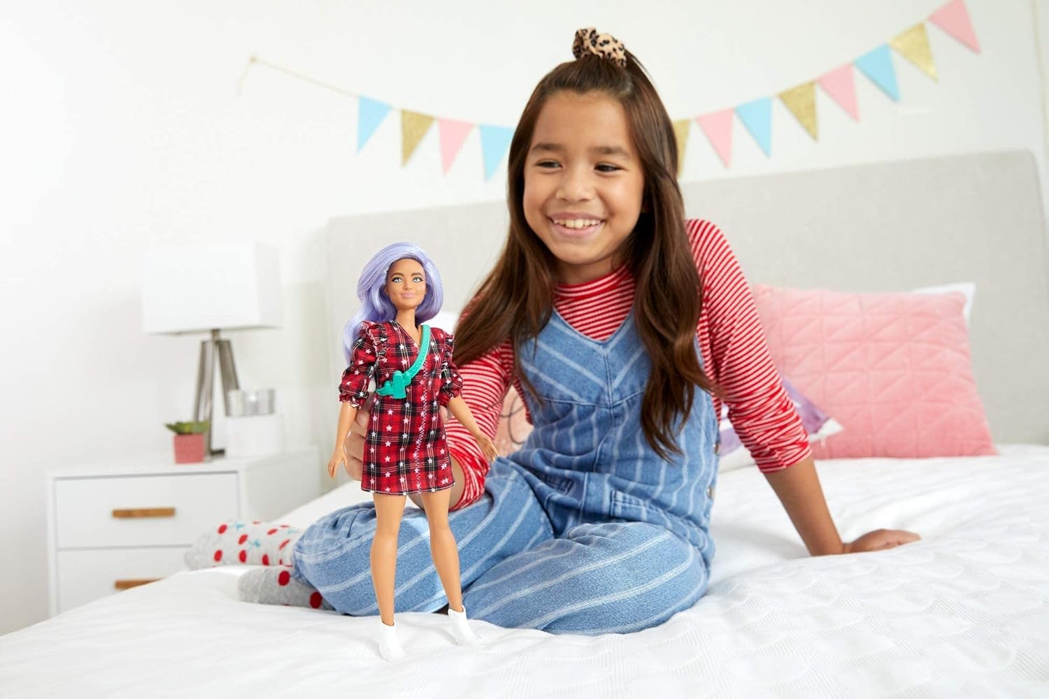 Barbie Fashionistas Doll #157, Curvy with Lavender Hair, Red Plaid Dress, White Cowboy Boots & Teal Cactus Bag, GRB49