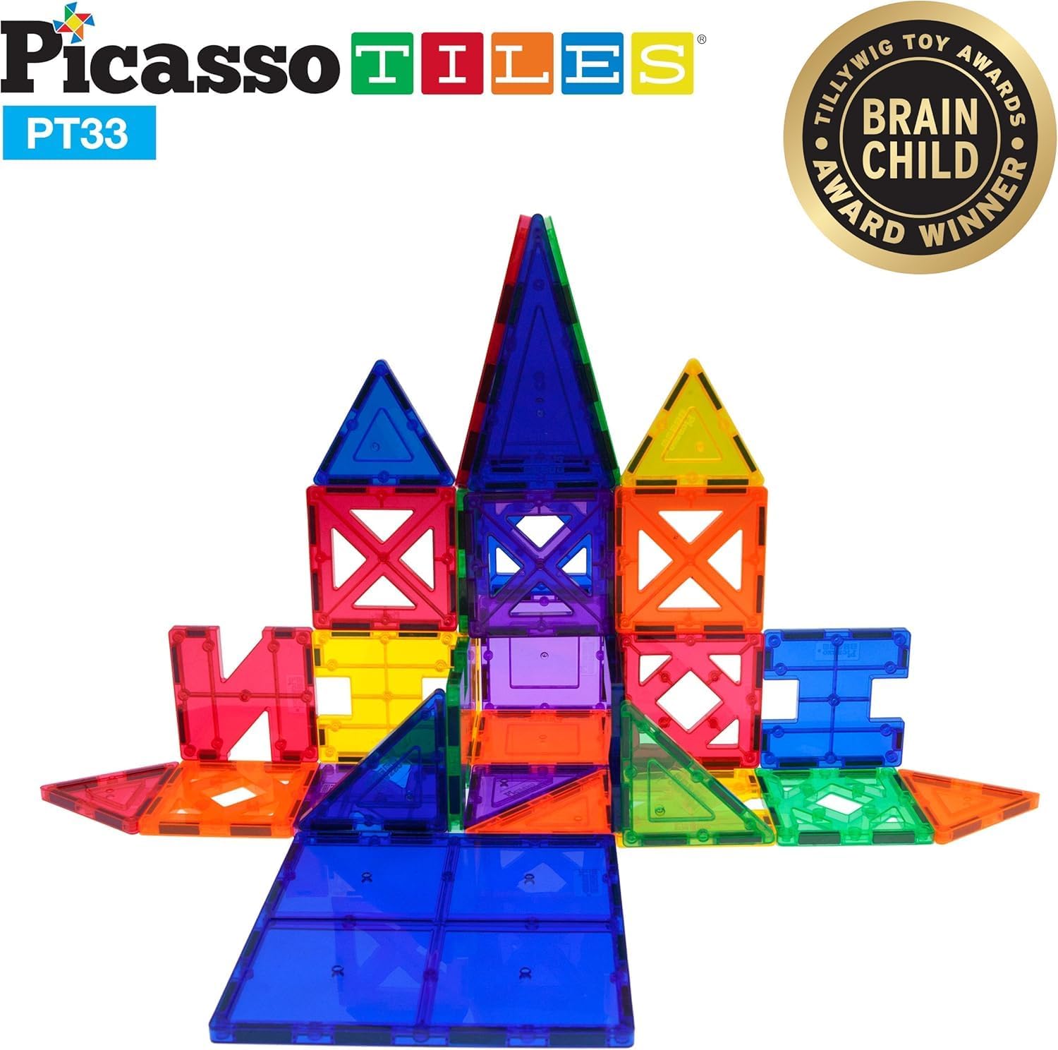 PicassoTiles 33 Piece Building Blocks 33pcs Educational Kit 3D Building Construction Toy Set Clear Magnetic Stacking Block STEM Playboard Magnet Felt Tiles Novelty Game, Creativity Beyond Imagination