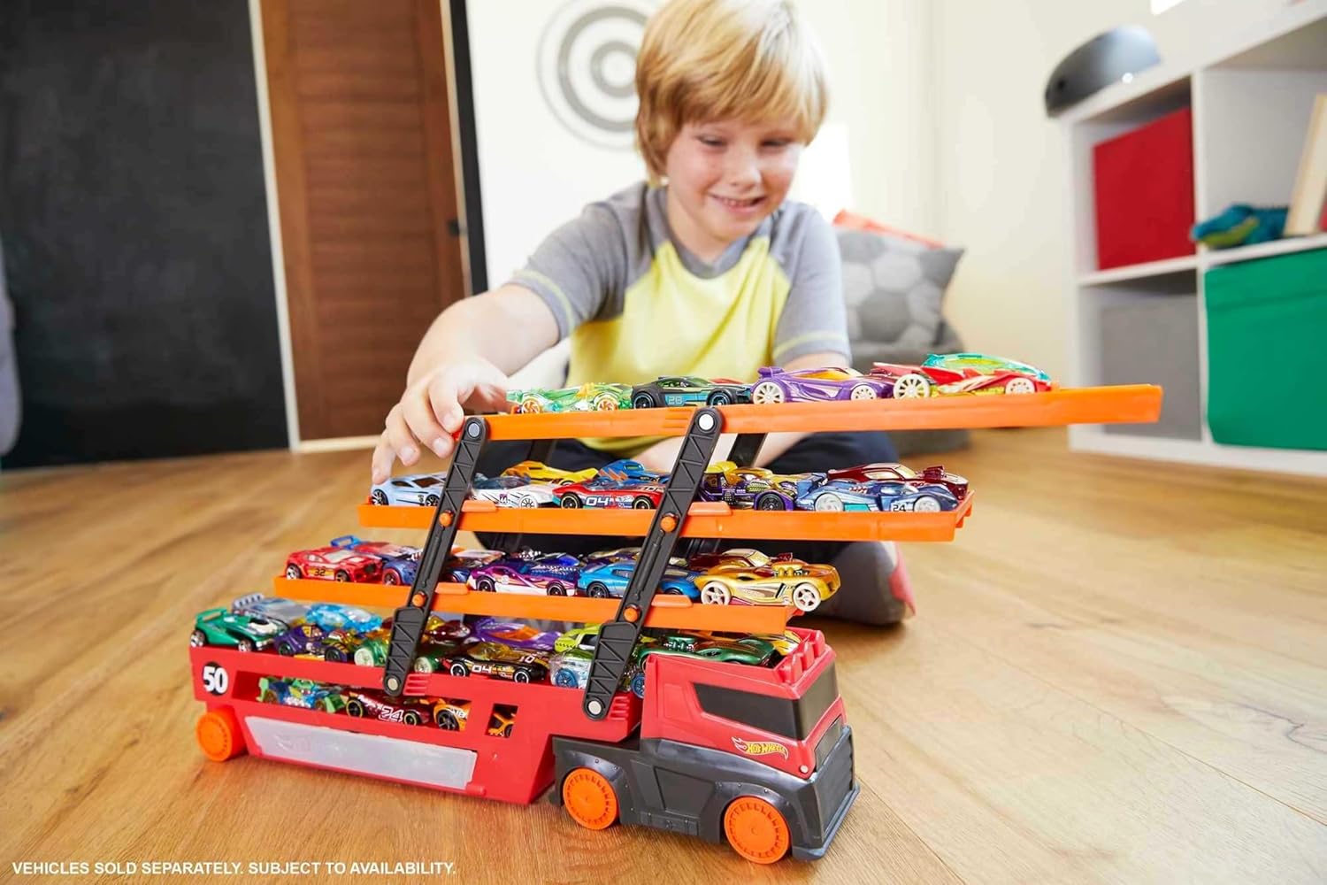 Hot Wheels LSV Mega Hauler Rig, Multi-Level Car Transporter, Holds Up to 50 Cars, Connects to Hot Wheels Tracks, Includes Ramp and Storage, Kids Toys for Ages 4 and Up