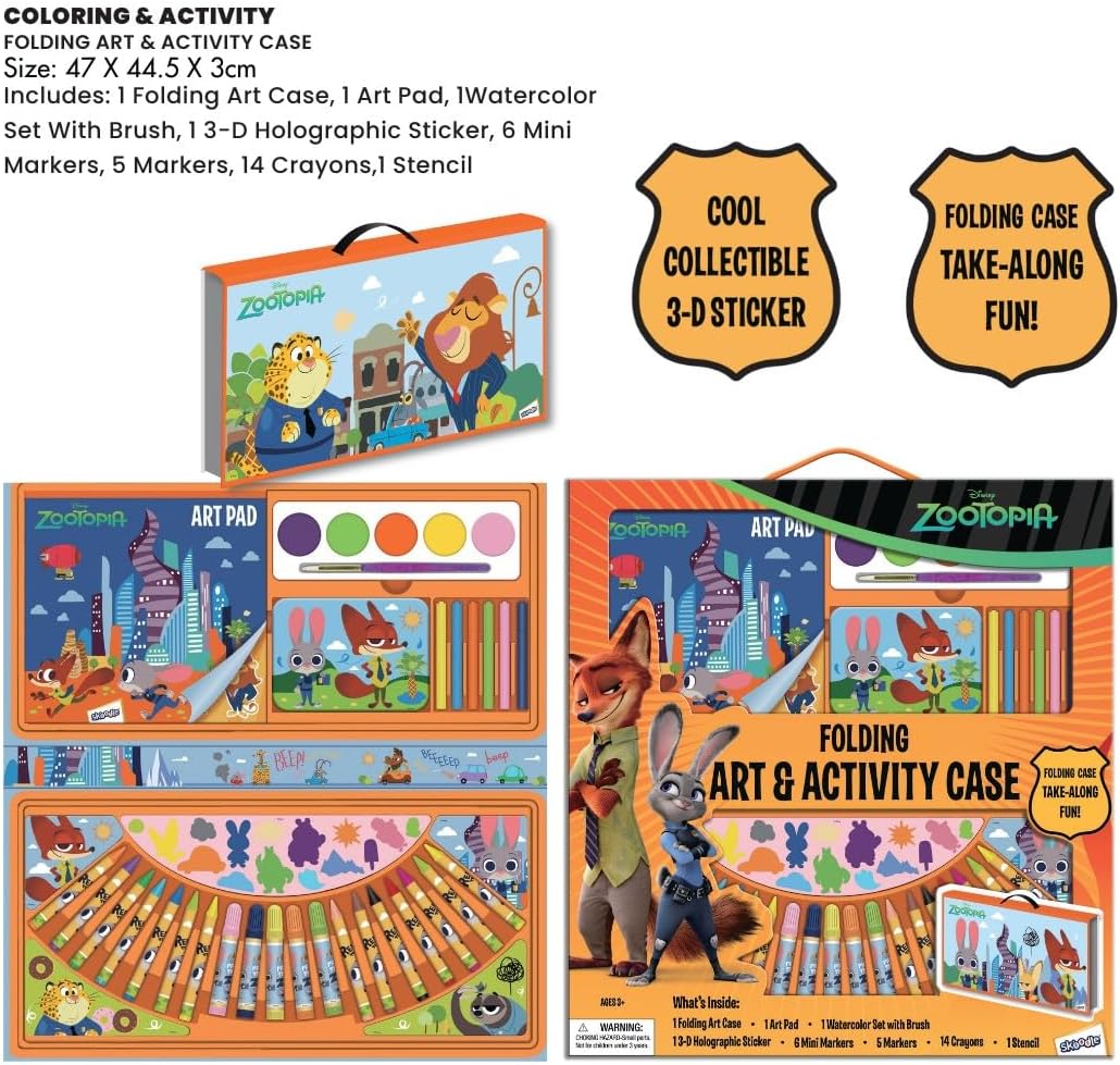 Disney Zootopia Folding Art & Activity Case for Kids - All-in-One Portable Art Set with Markers, Crayons, Paint, and Stickers - Fun Travel Gift for Ages 3+