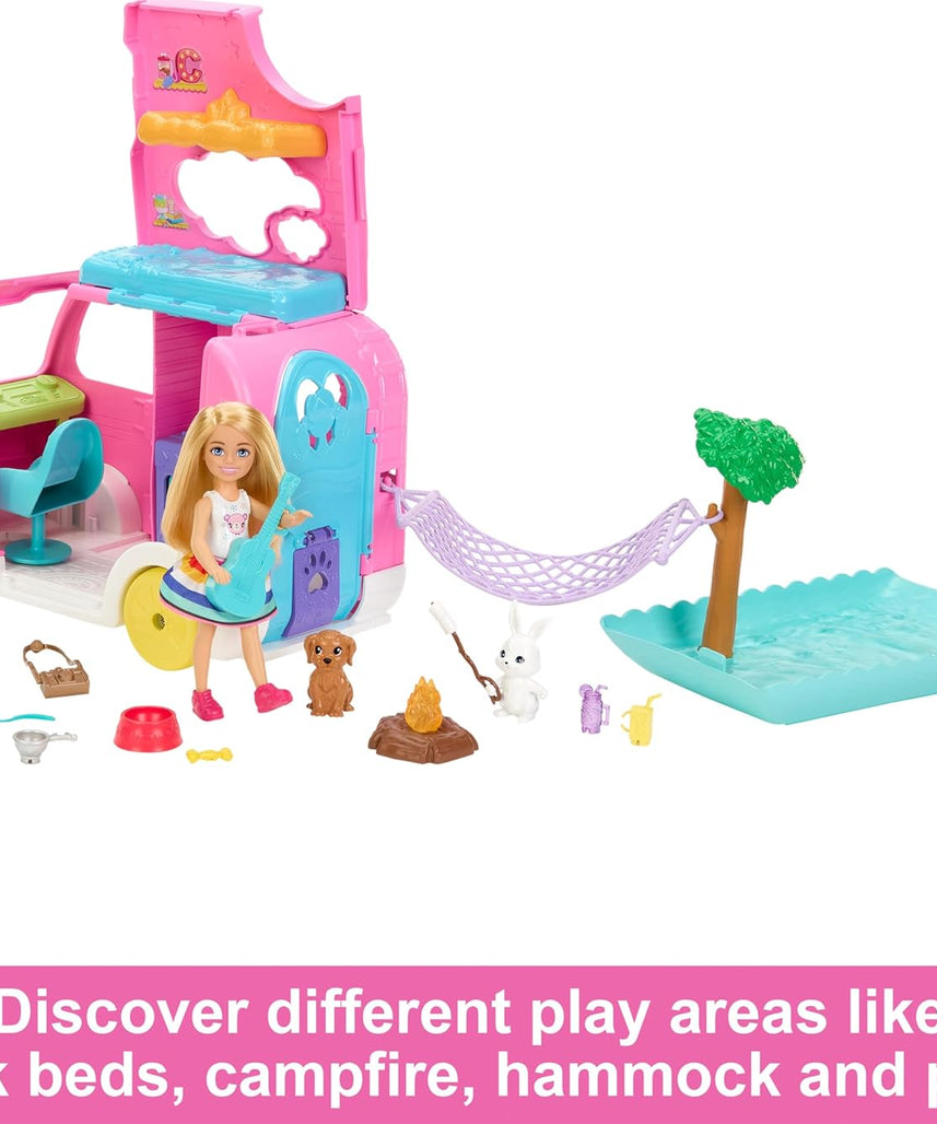 Barbie Chelsea 2-in-1 Camper Playset with Chelsea Doll, 2 Pets, Transforming Camper & 15+ Camping Accessories – Outdoor Adventure Toy for Kids 3+