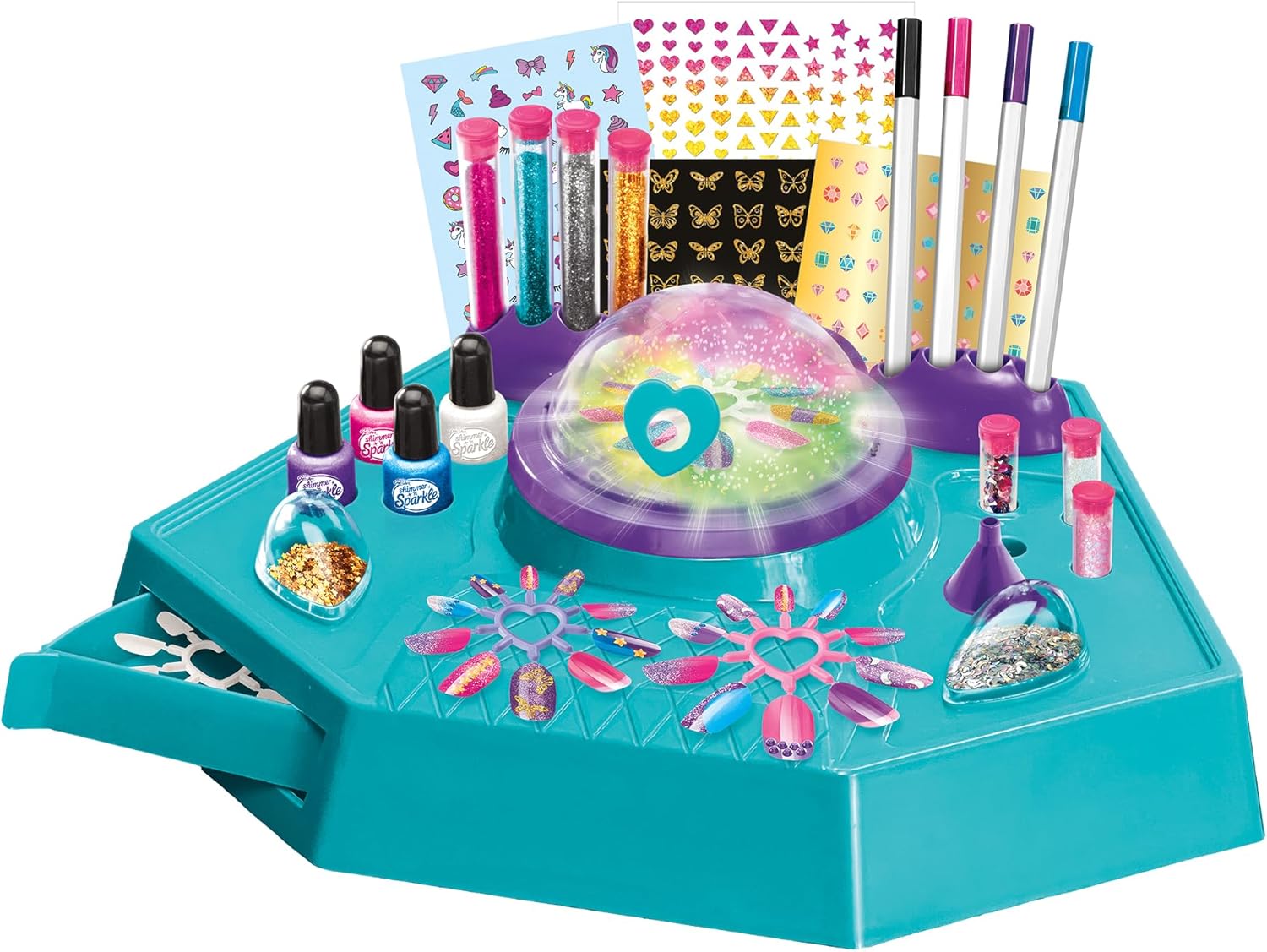 Cra-Z-Art Shimmer N Sparkle Design N Dazzle Nail Art Studio, DIY Nail Art Kit, Color Changing Glitter Dome, Nail Polish, Sequins, Stickers & Accessories, Creative Beauty Set for Kids Ages 6+