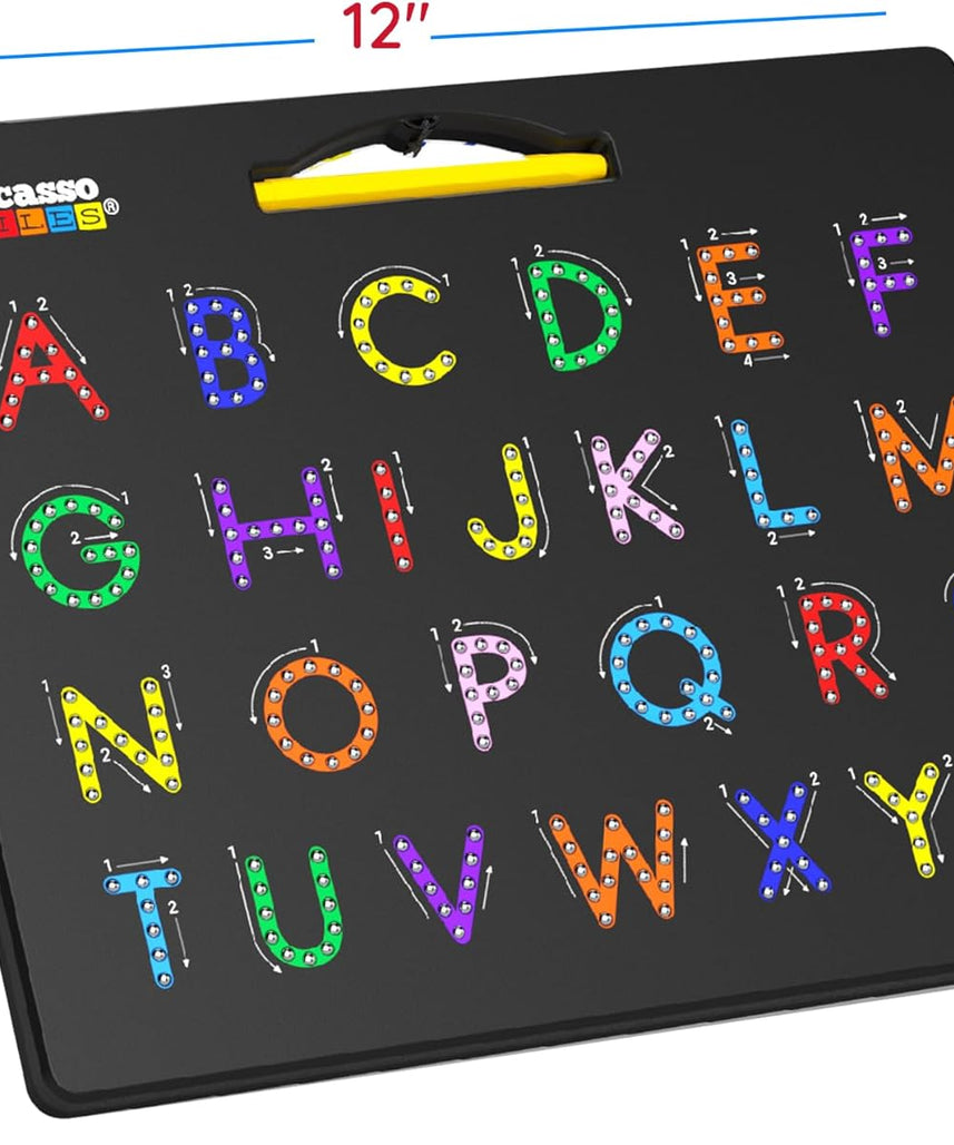 PicassoTiles 2-in-1 Double Sided Magnetic Alphabet Board ABC A-Z Upper Case Capital and Lowercase Letter Writing Reading Playboard 12x10 inch Large Magnet Tablet Pad Open-Ended Learning Playset PTB03