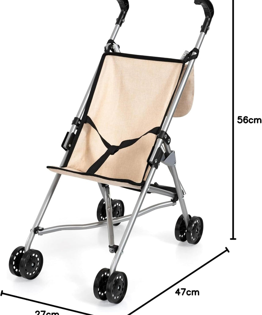 BAYER DOLLS BUGGY SET WITH BAG 46CM | Foldable, built-in safety belt, double wheels for easy pushing, made of metal