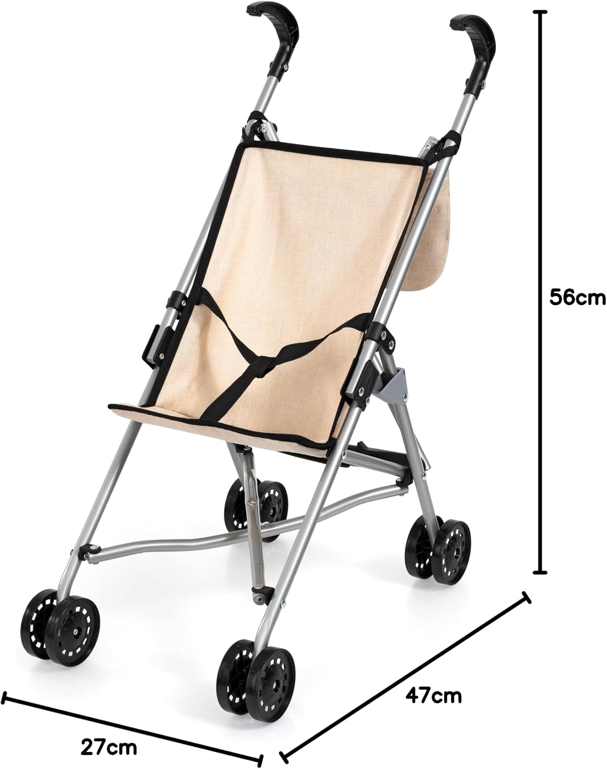 BAYER DOLLS BUGGY SET WITH BAG 46CM | Foldable, built-in safety belt, double wheels for easy pushing, made of metal