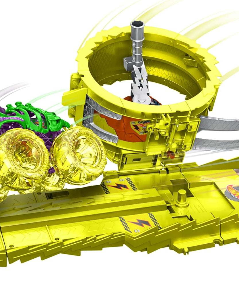 Hot Wheels Monster Trucks Charge and Chase Track Set with Oversized Skelesaurus and Bone Shaker, Power Smashers Loop Track, Includes 2 Crushed Cars, Action Racing Playset for Kids 4 Years+