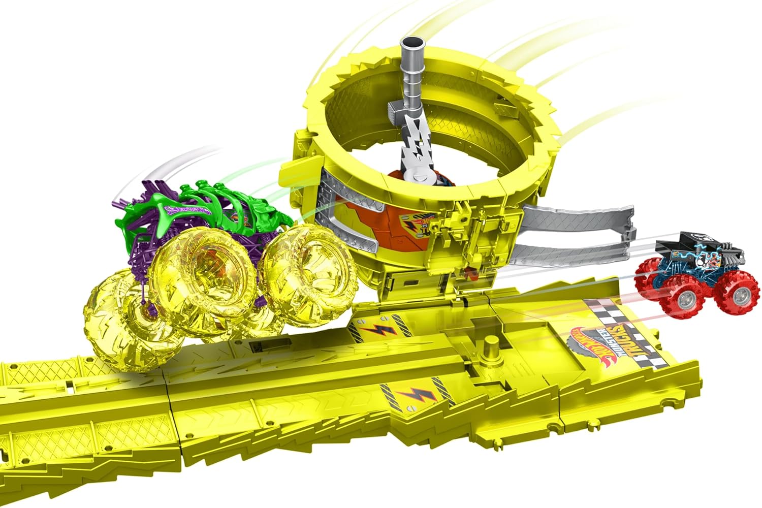 Hot Wheels Monster Trucks Charge and Chase Track Set with Oversized Skelesaurus and Bone Shaker, Power Smashers Loop Track, Includes 2 Crushed Cars, Action Racing Playset for Kids 4 Years+
