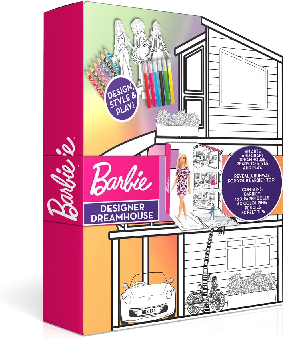 Barbie Designer Dreamhouse With Doll, Creative Arts and Craft Playset, Includes Paper Dolls Colouring Pencils and Felt Tips, Design Style and Play Activity for Kids, No Assembly Needed, Model BRB 5687