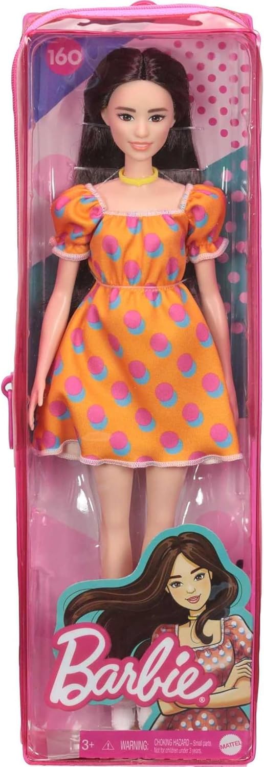 Barbie Fashionistas Doll 160 Long Brunette Hair Orange Patterned Dress White Shoes Yellow Choker GRB52 Multicolour Toy for Kids 3 to 8 Years