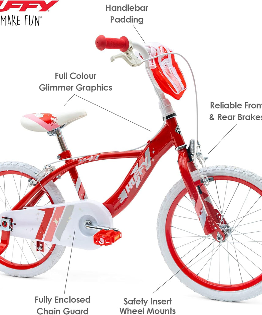 Huffy Glimmer Girls Bike 18 Inch, Red and White, Single-Speed Kids Bicycle with Removable Stabilisers, Front Storage Pouch, Quick Connect Assembly, Ages 6-8
