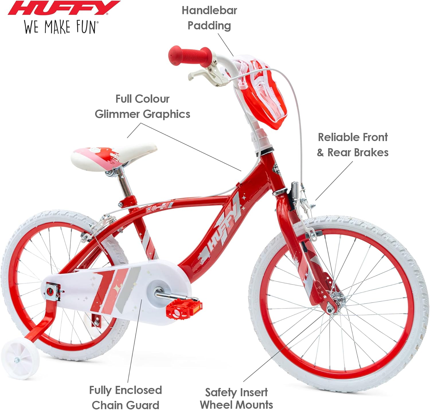 Huffy Glimmer Girls Bike 18 Inch, Red and White, Single-Speed Kids Bicycle with Removable Stabilisers, Front Storage Pouch, Quick Connect Assembly, Ages 6-8