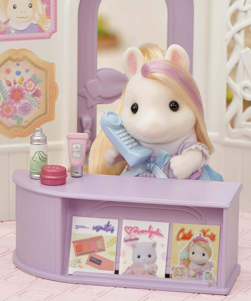 Sylvanian Families Pony's Stylish Hair Salon Set (5642) – 2-Story Salon with Sally Pony Figure, Hair Accessories, Styling Book, Dresser & Shampoo Basin – Educational Role-Playing Toy for Ages 3+