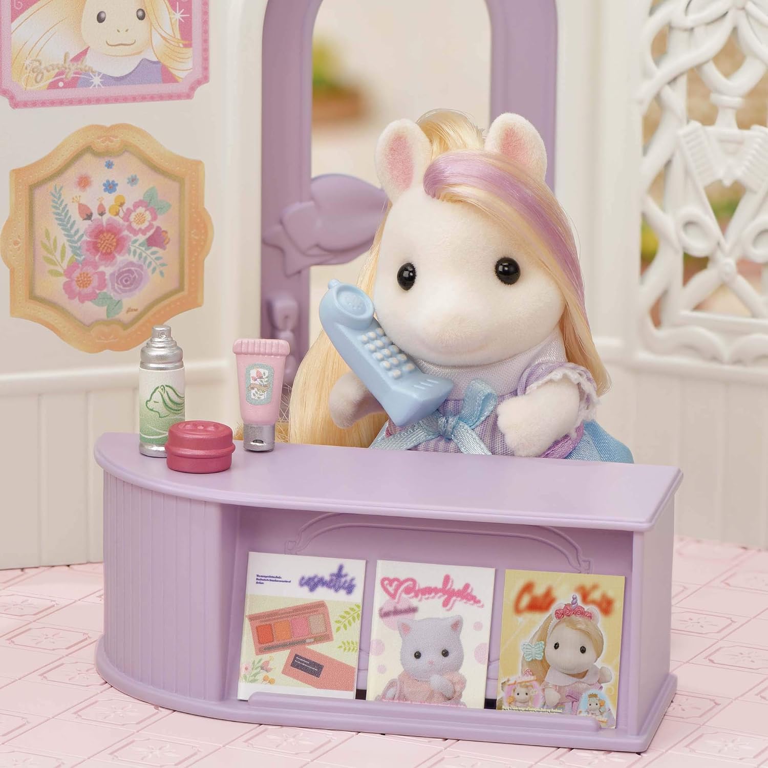 Sylvanian Families Pony's Stylish Hair Salon Set (5642) – 2-Story Salon with Sally Pony Figure, Hair Accessories, Styling Book, Dresser & Shampoo Basin – Educational Role-Playing Toy for Ages 3+