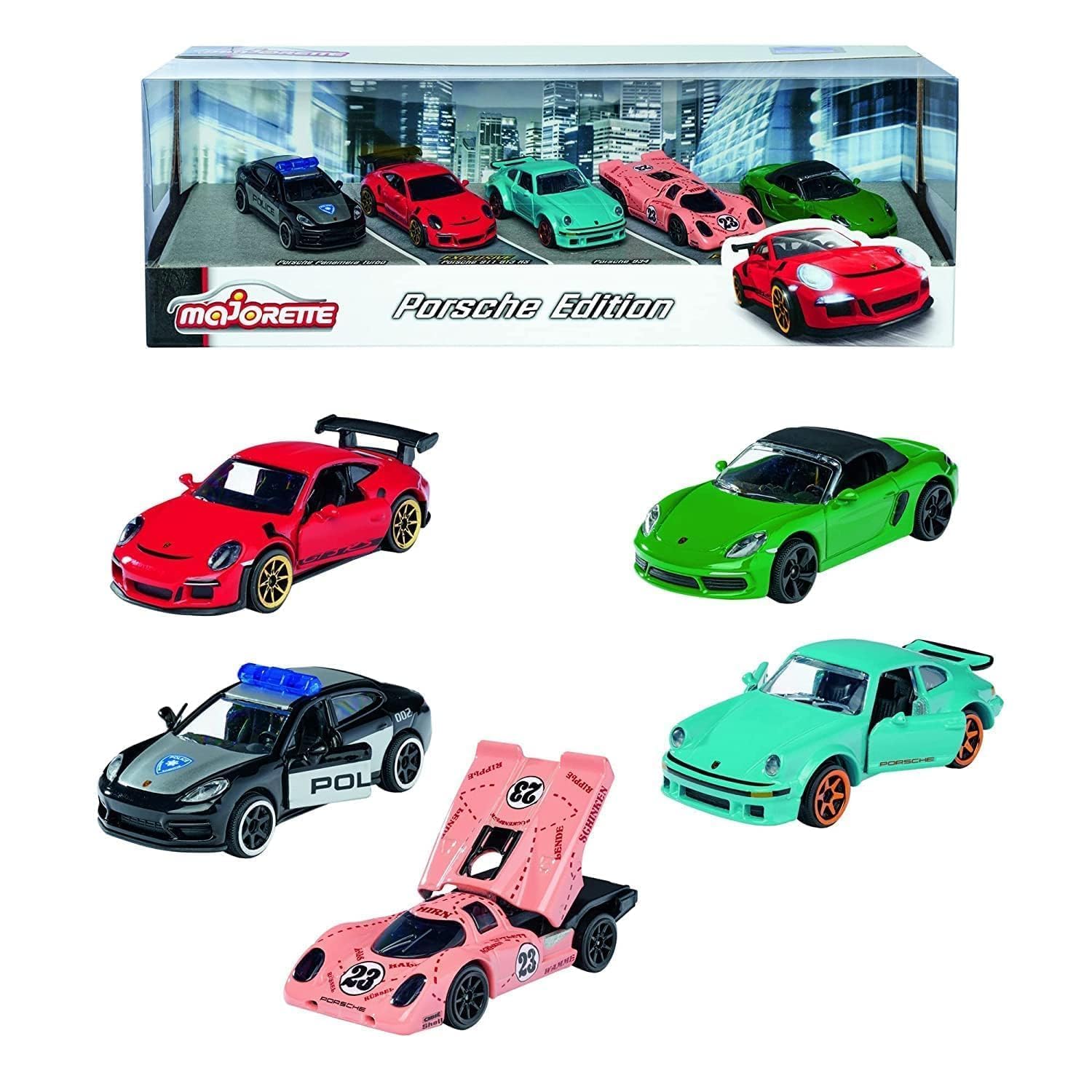 Majorette Porsche 5-Piece Gift Pack – Officially Licensed Porsche 911 GT3 RS & 934 Brumos, Metal Die-Cast Cars with Moving Parts, Ages 3+