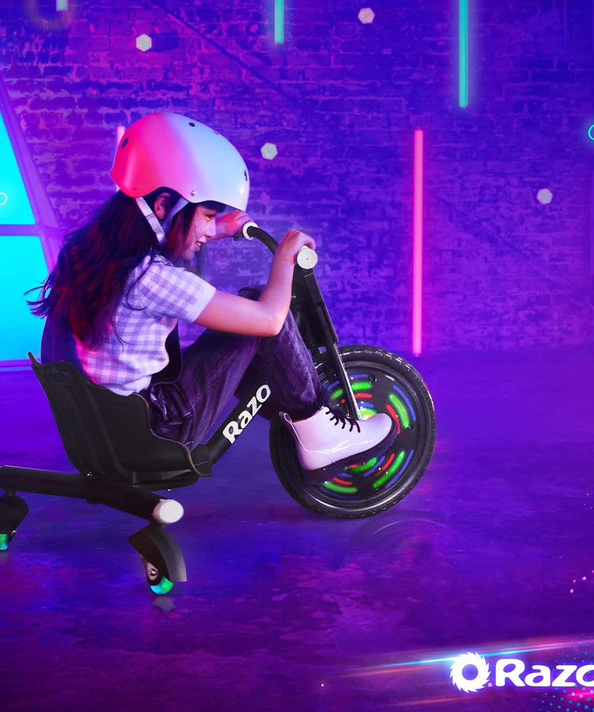 دراجة Razor RipRider 360 Lightshow Drifting ثلاثية العجلات للأطفال من سن 5 سنوات فما فوق، مزودة بدواسة ومصابيح LED متعددة الألوان تعمل بالحركة وعجلات خلفية