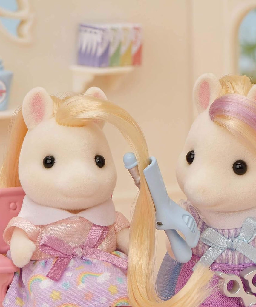 Sylvanian Families Pony's Stylish Hair Salon Set (5642) – 2-Story Salon with Sally Pony Figure, Hair Accessories, Styling Book, Dresser & Shampoo Basin – Educational Role-Playing Toy for Ages 3+