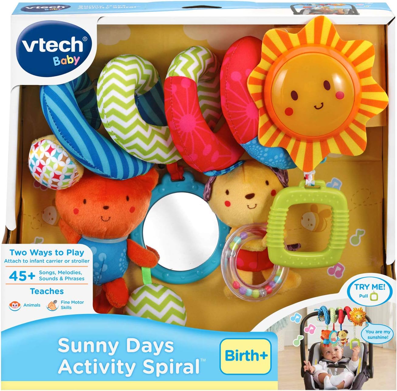 VTech Sunny Days Musical Spiral Activity Toy with Light-Up Sun, Songs, Melodies, Mirror, Rattle & Sensory Toys for Strollers and Infant Carriers, Ages 0+ Months