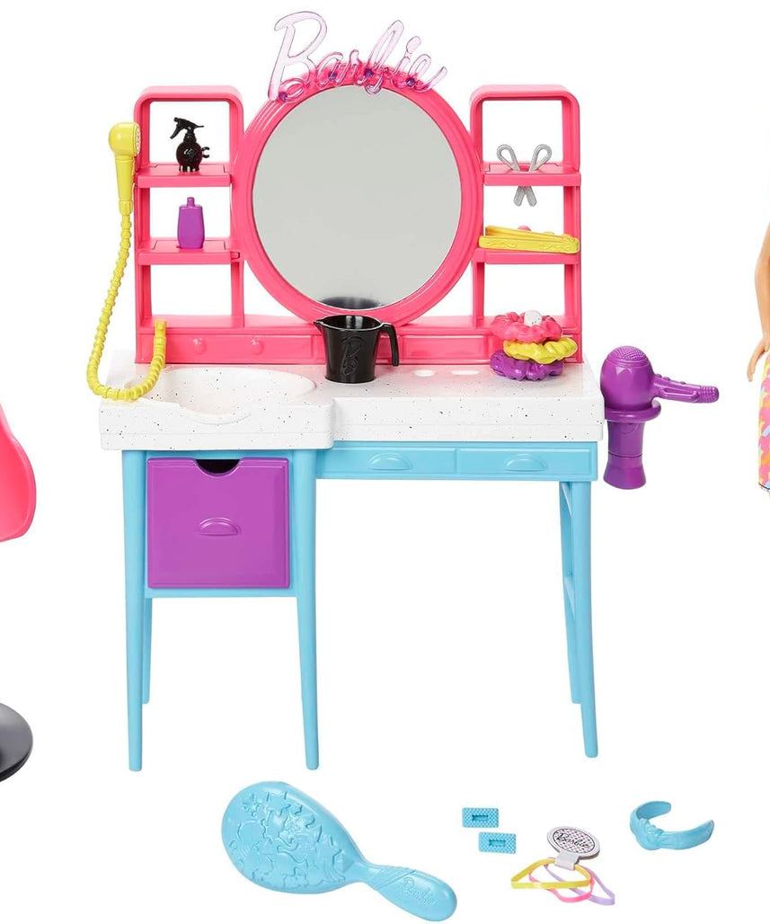 مجموعة صالون الشعر باربي HKV00 مع دمية شعر متغيرة اللون، وطاولة زينة، وأكثر من 15 ملحقًا للأطفال من سن 3 سنوات فما فوق