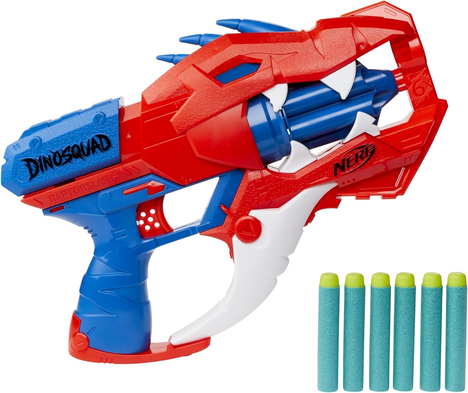 Nerf DinoSquad Raptor-Slash Dart Blaster, 6-Dart Rotating Drum, Slam-Fire Action, 6 Official Nerf Elite Darts, Velociraptor Dinosaur Design, Multicolour