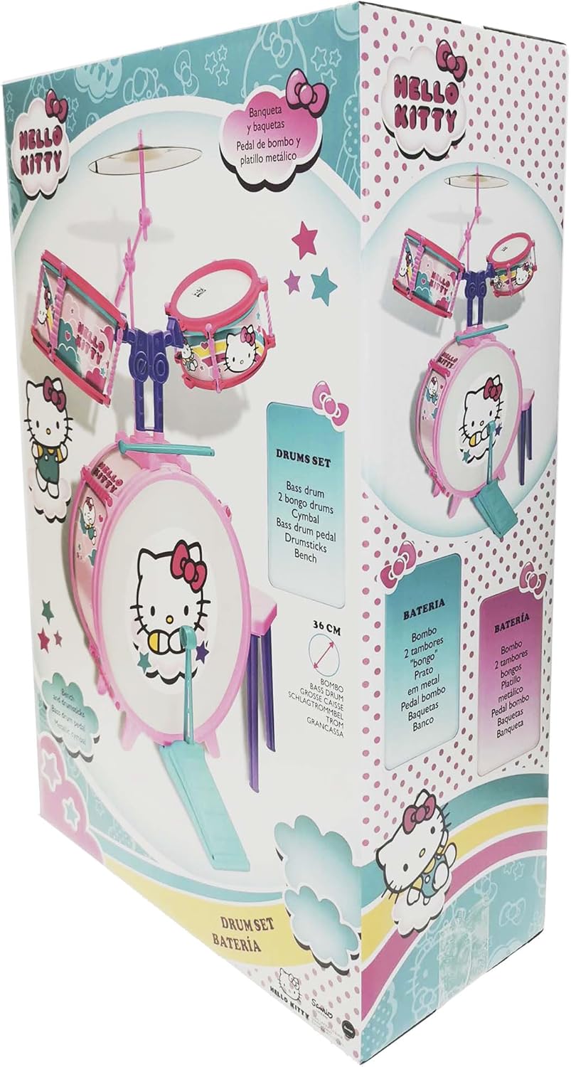 Hello Kitty Kids Drum Set with Stool, Bass Drum, Tom Drums, Cymbal and Drumsticks, Beginner Musical Instrument Kit for Children, 3Y+ Years