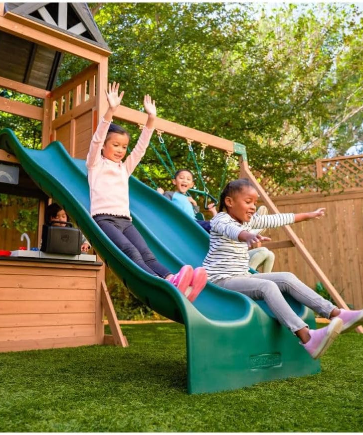 KidKraft Summit View Wooden Swing Set / Playset – Deluxe Outdoor Clubhouse with Slides, Swings, Fireman’s Pole, and Kitchen for Kids Age 3-10 Years