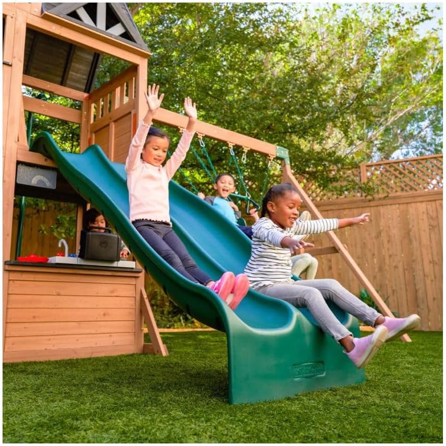 KidKraft Summit View Wooden Swing Set / Playset – Deluxe Outdoor Clubhouse with Slides, Swings, Fireman’s Pole, and Kitchen for Kids Age 3-10 Years