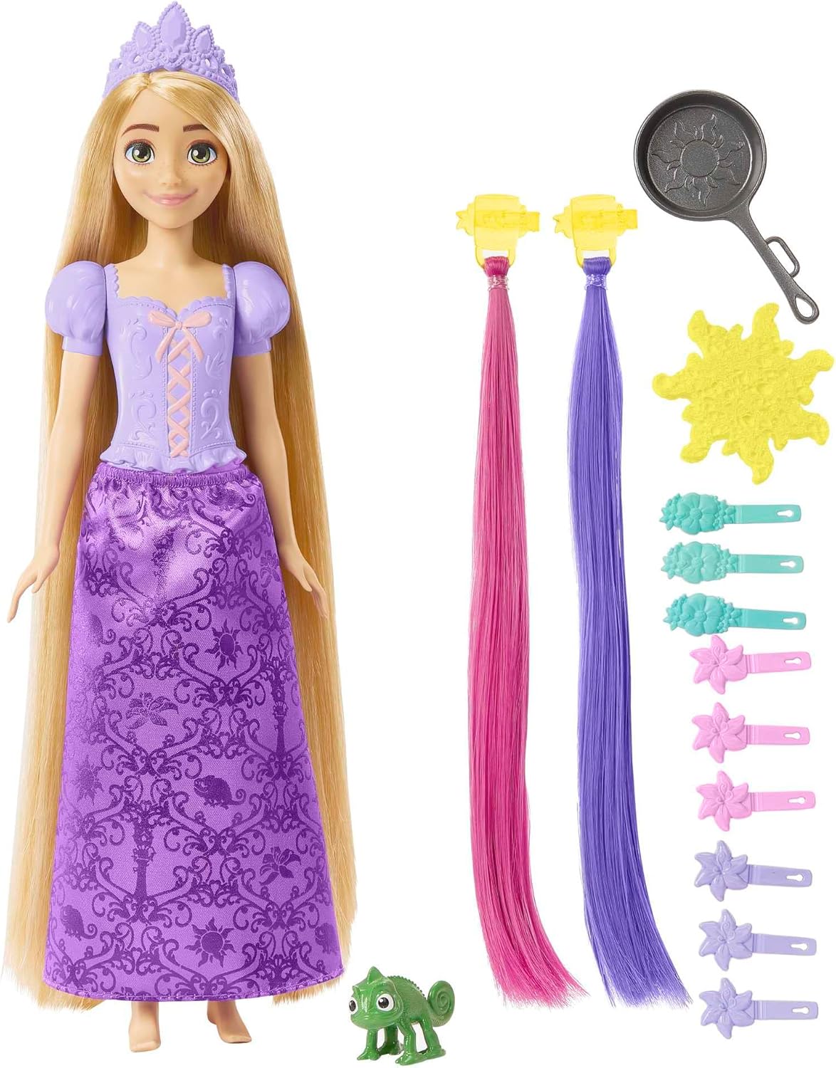 Mattel Disney Princess Toys, Doll Color Change Extensions and Hair Styling Pieces, Inspired by the Disney Movie, HLW18 Rapunzel With Hair Accessories