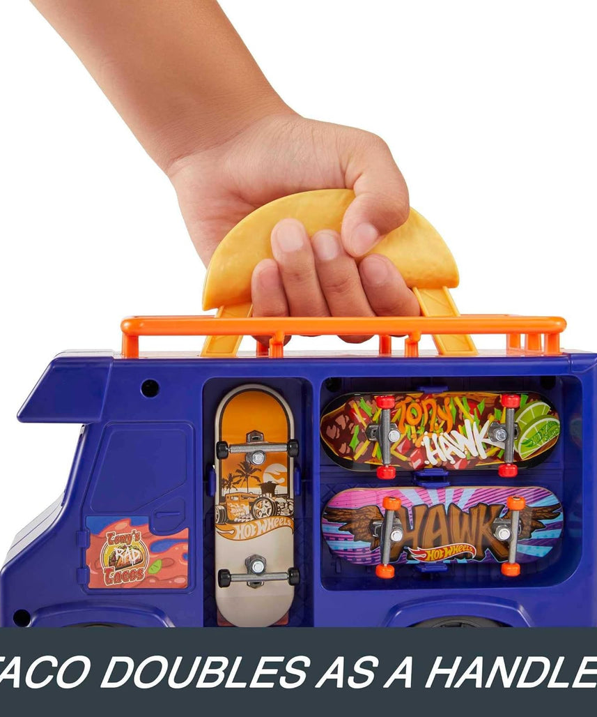 Hot Wheels Skate Taco Truck Play Case with Exclusive Tony Hawk Fingerboard, Skate Shoes, Mobile Skatepark, Storage for Boards and Accessories, Kids Toys for Ages 3 and Up