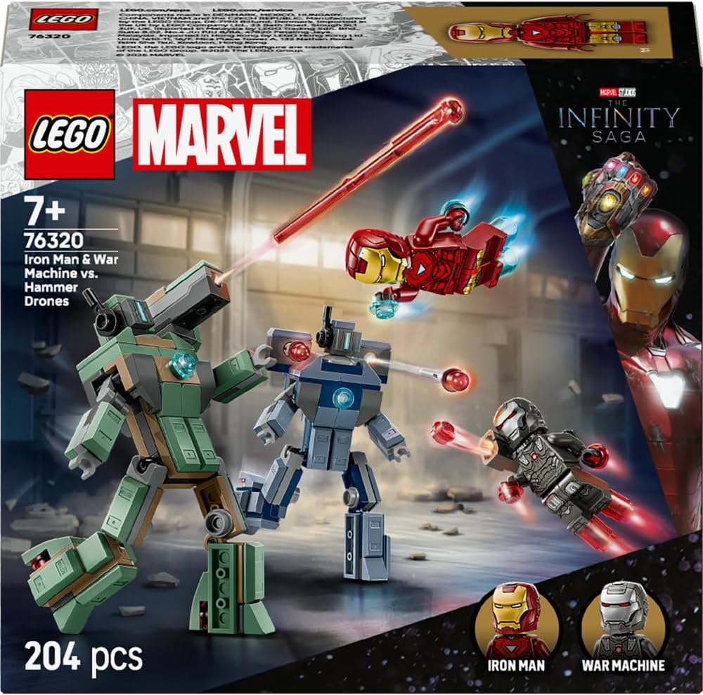 LEGO Super Heroes 76320 Iron Man & War Machine vs Hammer Drones Mech Battle Set for Kids 7+