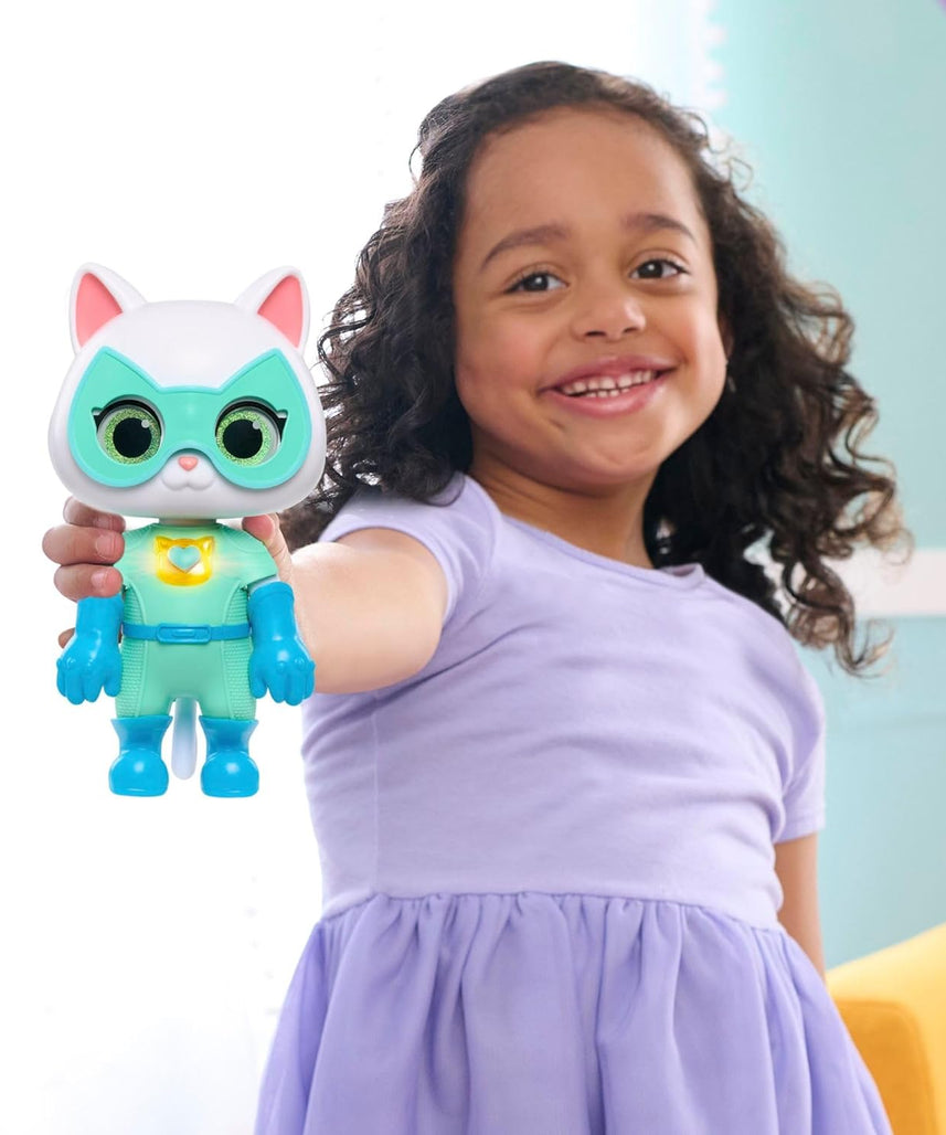 Just Play Disney Junior SuperKitties Cat-Tastic Transforming Bitsy Toy Figure, Lights and Sounds, Accessories Included, Kids 3+