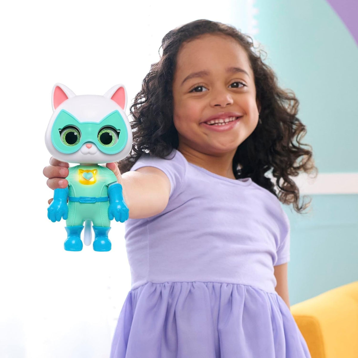 Just Play Disney Junior SuperKitties Cat-Tastic Transforming Bitsy Toy Figure, Lights and Sounds, Accessories Included, Kids 3+