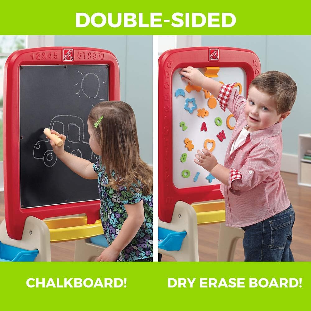 Step2 All Around Easel for Two, Double-Sided Art Station for Kids Ages 3-8, Magnetic Dry Erase & Chalkboard Creative Play