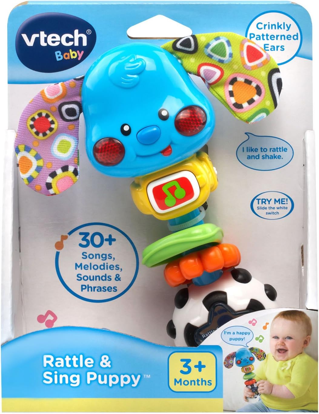 VTech Rattle and Sing Puppy Baby Musical Rattle with Lights Sounds and Textures Multicolour 3–36 Months