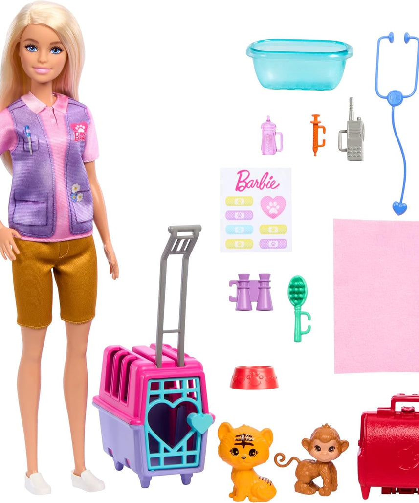 مجموعة ألعاب إنقاذ الحيوانات من باربي مع دمية شقراء وشخصيات قرد صغير ونمر وإكسسوارات للأطفال من سن 3 سنوات فما فوق