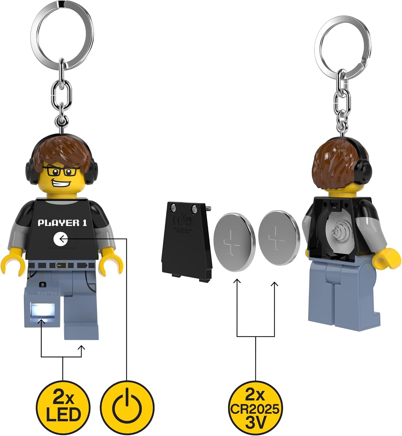 LEGO Minifigures Keychain Light - Video Game Guy (KE217H), Extra-Large 3 Inches Tall, Bag Charm, Easter Basket Stuffer