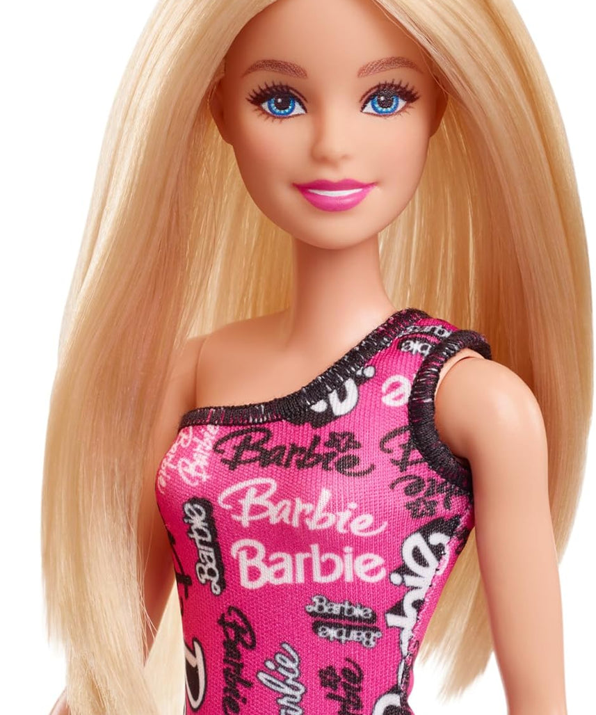 Barbie Fashion Doll with Straight Blonde Hair Wearing Removable Pink Dress & Shoes with Logo Print