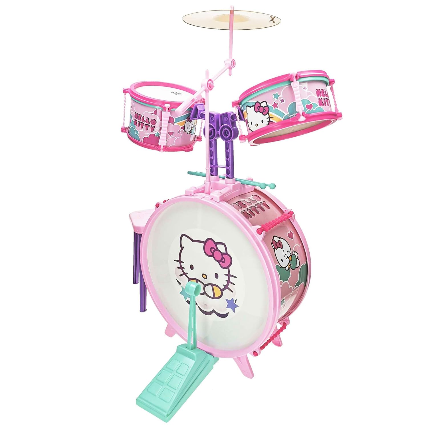 Hello Kitty Kids Drum Set with Stool, Bass Drum, Tom Drums, Cymbal and Drumsticks, Beginner Musical Instrument Kit for Children, 3Y+ Years