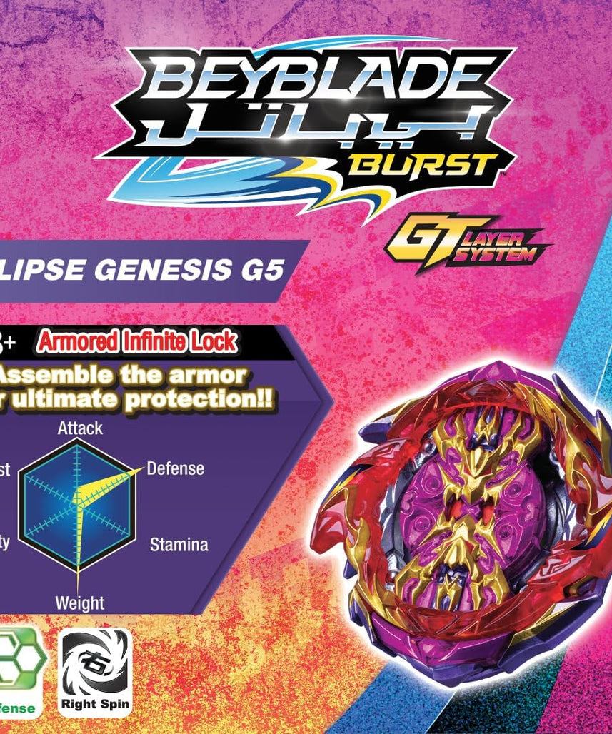 Beybattle Burst Eclipse Genesis G5 Defense Type Beyblade, Infinite Lock System Spinning Top, Right Spin Battle Toy with Launcher, Competitive Strategy Play, 8+ Years
