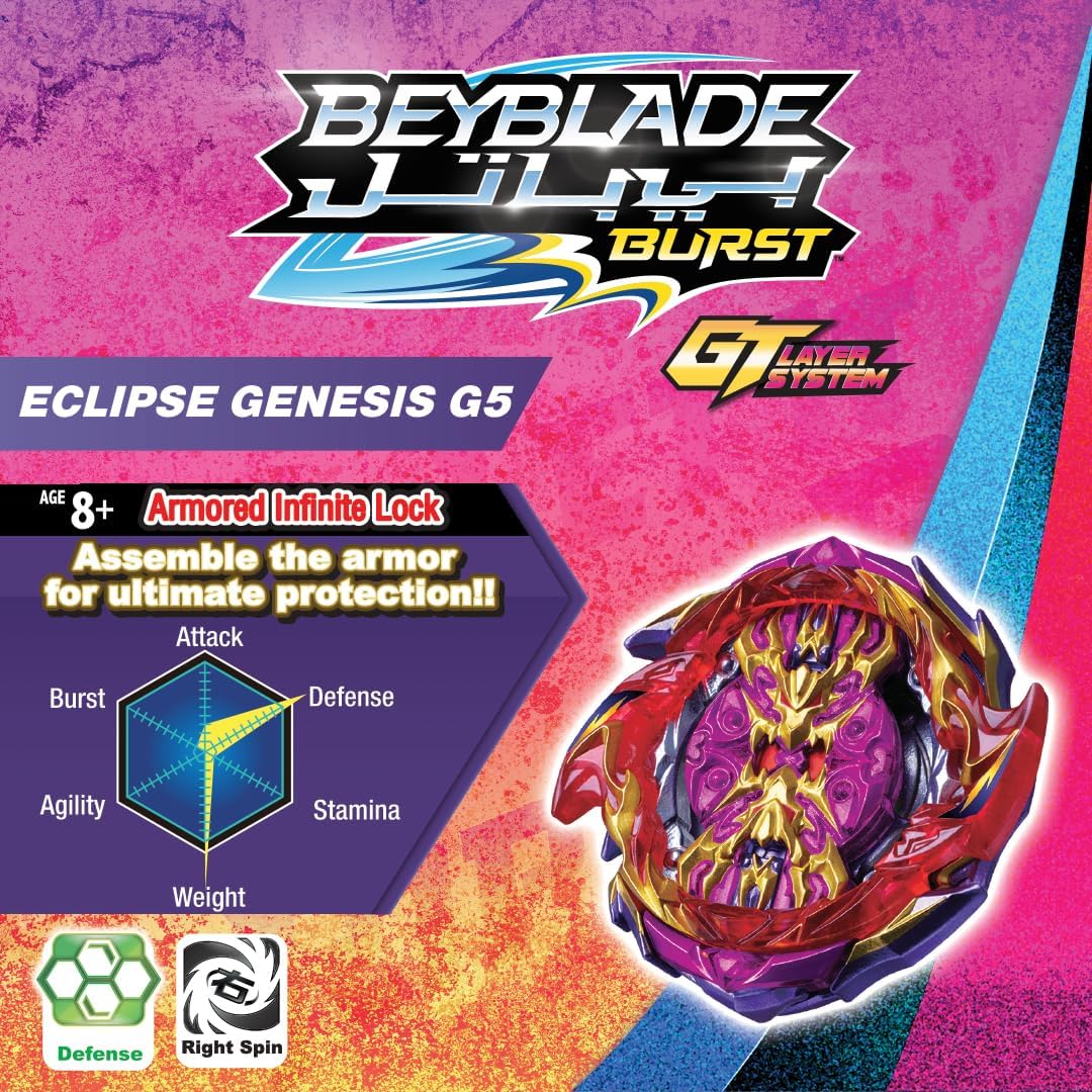 Beybattle Burst Eclipse Genesis G5 Defense Type Beyblade, Infinite Lock System Spinning Top, Right Spin Battle Toy with Launcher, Competitive Strategy Play, 8+ Years