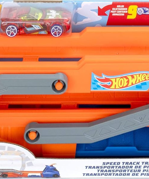 Hot Wheels Speed Track Transporter Truck & Raceway Playset with 1:64 Scale Car, Transforms into 2.5+ Ft Track, Stores 9 Cars, Manual Launcher, Kids Toy 4+