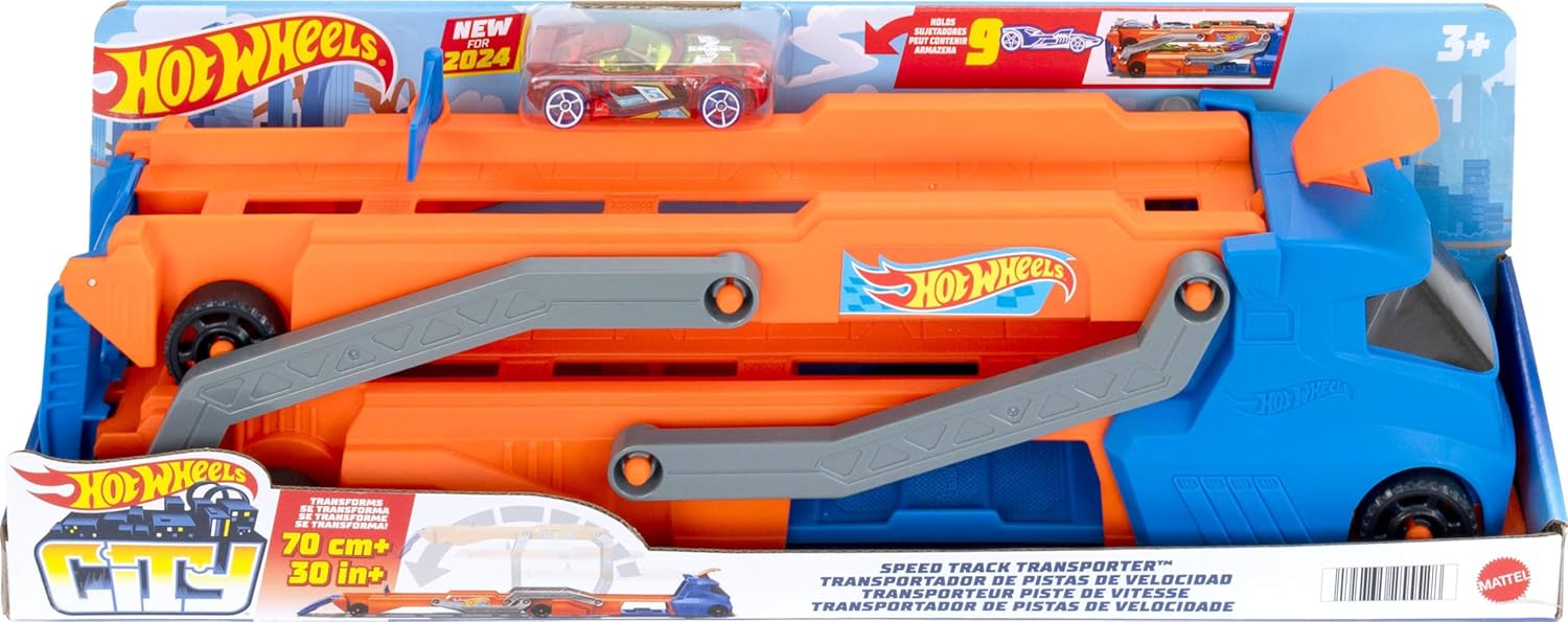 Hot Wheels Speed Track Transporter Truck & Raceway Playset with 1:64 Scale Car, Transforms into 2.5+ Ft Track, Stores 9 Cars, Manual Launcher, Kids Toy 4+