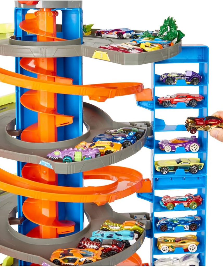 Hot Wheels City Mega Garage Playset with 1 Vehicle, 4-Level Car Garage with Corkscrew Elevator and Multi-Car Storage, Connectable Vehicle Playset for Kids 4 Years & Older