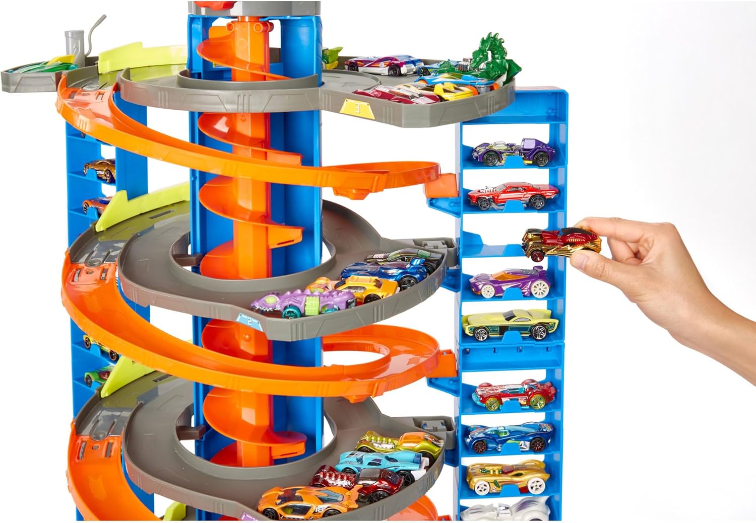 Hot Wheels City Mega Garage Playset with 1 Vehicle, 4-Level Car Garage with Corkscrew Elevator and Multi-Car Storage, Connectable Vehicle Playset for Kids 4 Years & Older