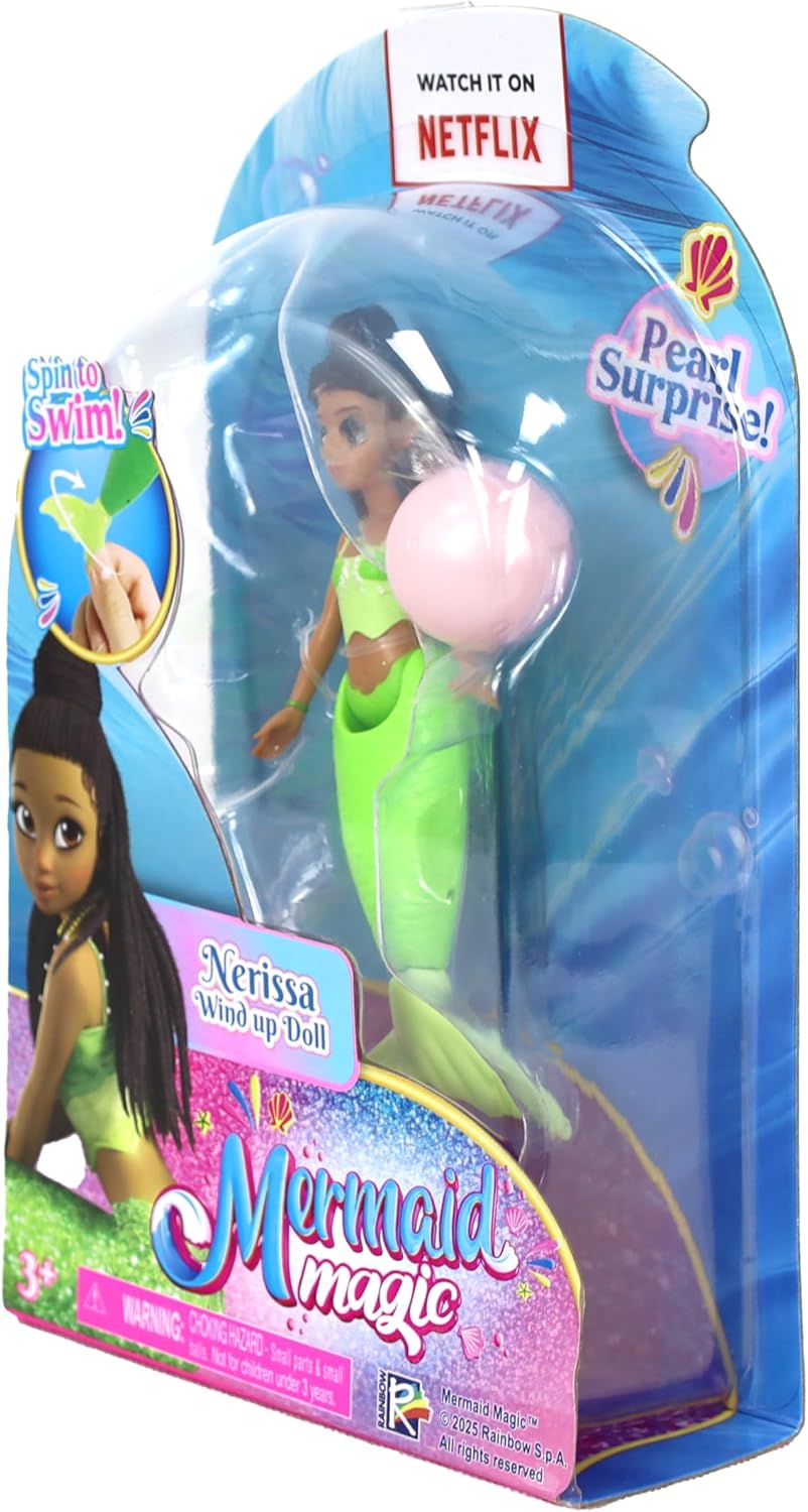 Mermaid Magic Windup Doll 5-Inch Nerissa, Pearl Surprise, Spin to Swim, Action Doll, Bath Time & Pool Toy, Gift, Mermaid Dolls, Collectible, 3 Years+