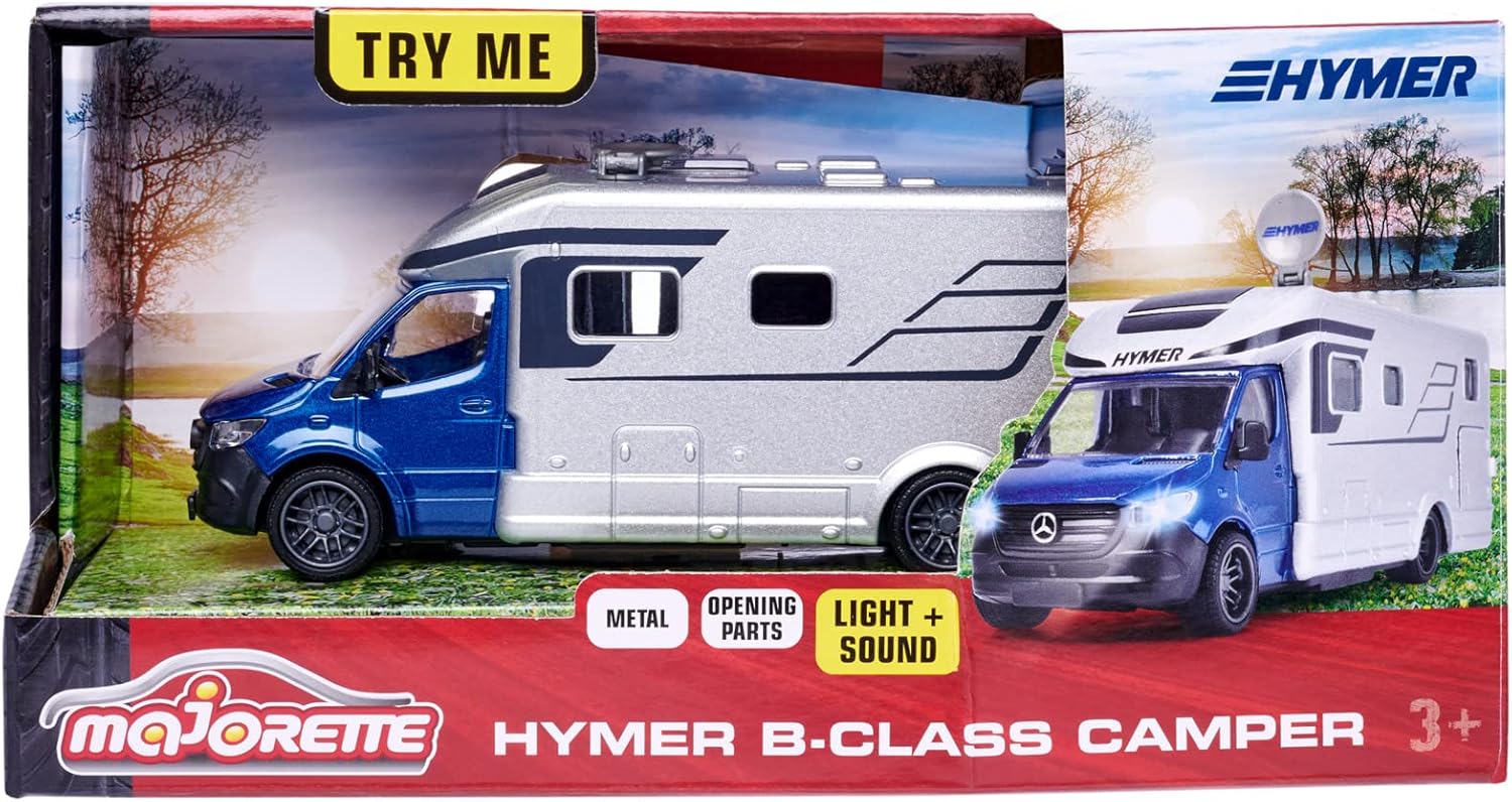 Majorette Grand Series – Hymer B-Class 780T Camper Die-Cast Vehicle with Lights, Sound Effects, Fold-Out Satellite Dish, Metal Cabin & Camper, One Size