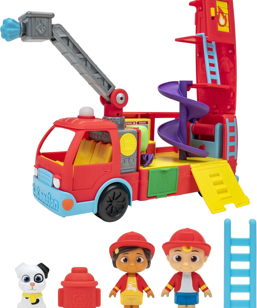 لعبة شاحنة الإطفاء المتحولة الفاخرة من كوكوميلون، مجموعة لعب تعمل بالبطارية مع أضواء وأصوات وسلّم، لشخصيتي رجلي الإطفاء جيه جيه ونينا للأطفال