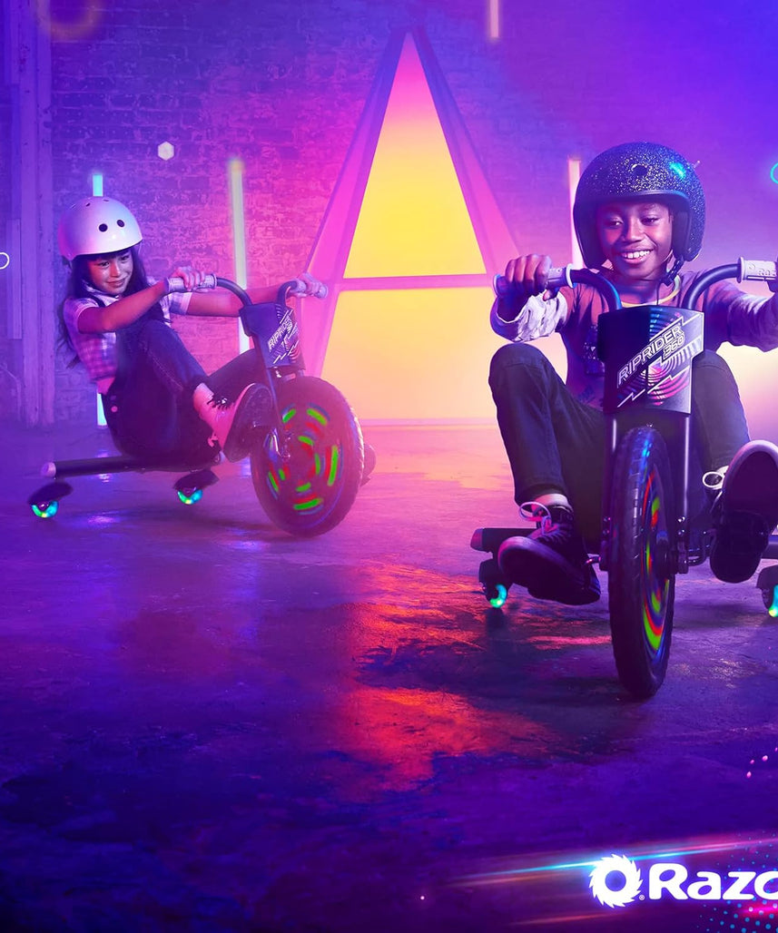 دراجة Razor RipRider 360 Lightshow Drifting ثلاثية العجلات للأطفال من سن 5 سنوات فما فوق، مزودة بدواسة ومصابيح LED متعددة الألوان تعمل بالحركة وعجلات خلفية