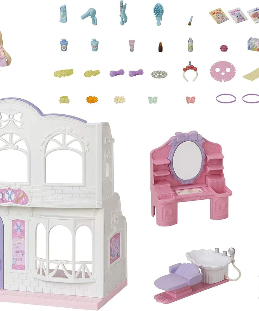 Sylvanian Families Pony's Stylish Hair Salon Set (5642) – 2-Story Salon with Sally Pony Figure, Hair Accessories, Styling Book, Dresser & Shampoo Basin – Educational Role-Playing Toy for Ages 3+
