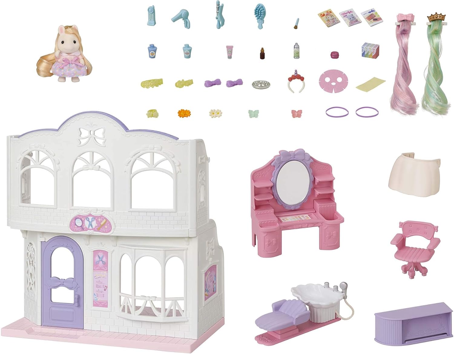 Sylvanian Families Pony's Stylish Hair Salon Set (5642) – 2-Story Salon with Sally Pony Figure, Hair Accessories, Styling Book, Dresser & Shampoo Basin – Educational Role-Playing Toy for Ages 3+