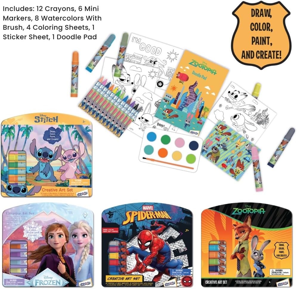 Disney Frozen 2 Creative Art Set for Kids - All-in-One Portable Tin Art Kit with Anna & Elsa, Crayons, Markers, Watercolor Paint, Doodle Pad, and Coloring Sheets - Fun Travel Gift for Ages 3+